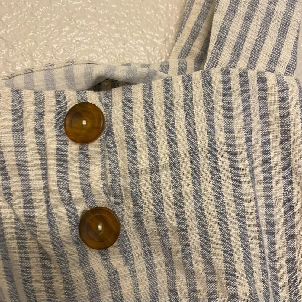 Zara Linen Blend Blue White Striped Belted Romper Button Front Coastal XS